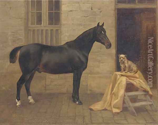 Moorman, a cob and Pixie, a terrier outside a stable Oil Painting - Charles Augustus Henry Lutyens