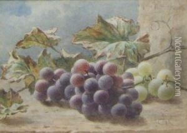 Still Life Study Ofblack And White Grapes On A Ledge Oil Painting - Frederick George Reynolds