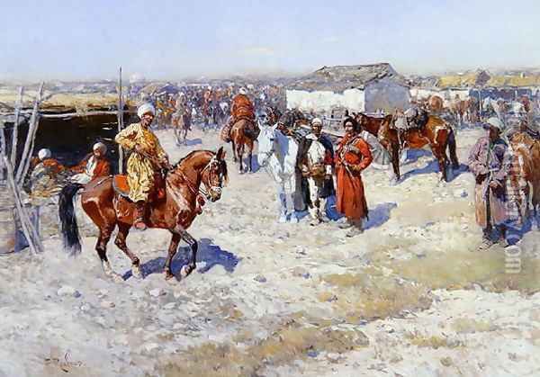 Central Asian Horse Market Oil Painting - Franz Roubaud