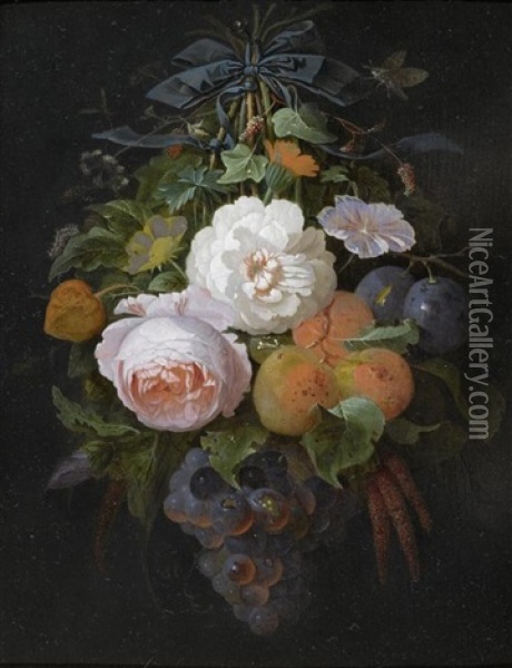 Hangendes Blumenarrangement Mit Trauben Und Pflaumen Oil Painting - Abraham Mignon