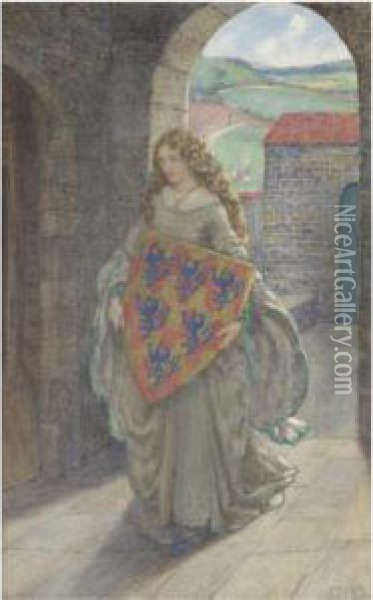 Lancelot And Elaine - Then To 
Her Tower She Climbed And Took Theshield, Thus Kept It And So Lived In 
Fantasy. The Idylls Of Theking, Alfred Tennyson Oil Painting - Eleanor Fortescue Brickdale