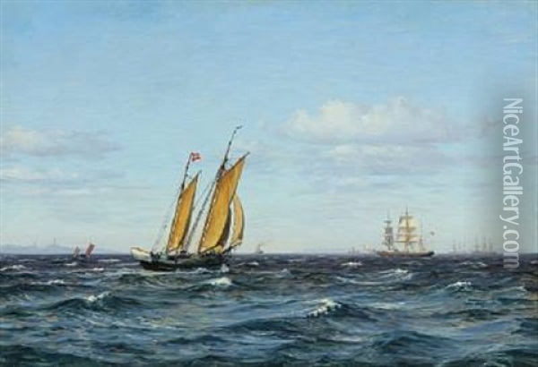 Seascape With Sailing Ships At Sea Oil Painting - Vilhelm Karl Ferdinand Arnesen