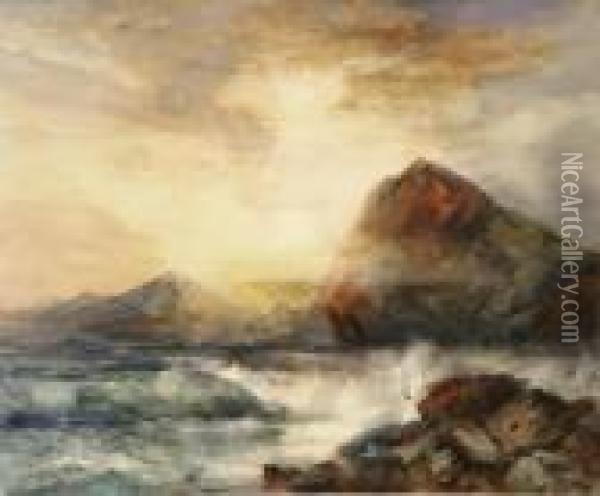 Crashing Waves On A Rocky Coast Oil Painting - Lucien Whiting Powell