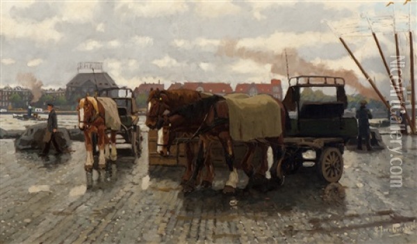 Horse Carts On The Quay Of Rotterdam Oil Painting - Gijsbertus Johannes Van Overbeek