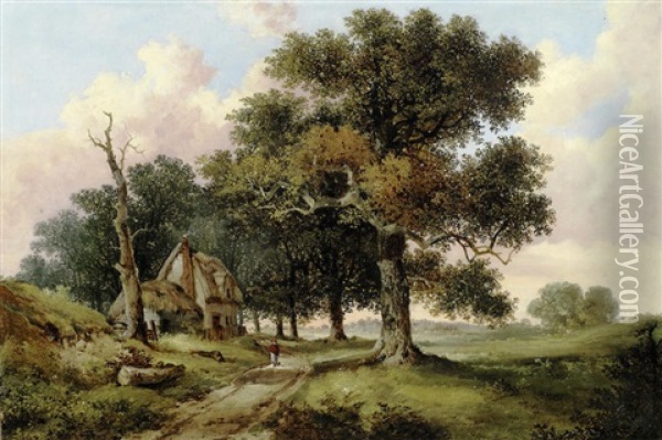 Figure On A Country Lane In An East Anglian Landscape Oil Painting - John Berney Ladbrooke