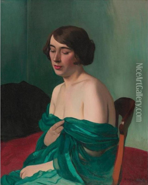 Jeune Femme A L'echarpe Verte Oil Painting - Felix Edouard Vallotton