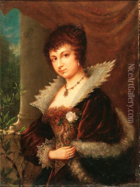 Portrait Of A Court Lady Holding A Pink Rose Oil Painting - Julius Simmonds
