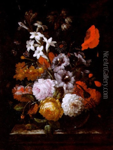 Blumenstraus Mit Rosen, Mohnblume Und Anderen Bluten In Einer Kugeligen Glasvase Auf Einer Steinplatte Oil Painting - Johann Baptist Halszel