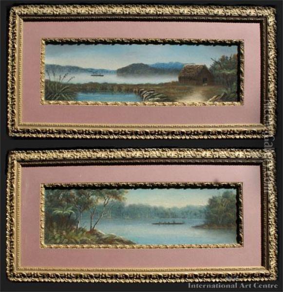Lake Scenes With Waka, Whare & Ship Oil Painting - H. Duchere De Vere