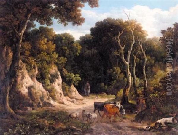 A Wooded Landscape With Cattle And Sheep On A Path With A Herdsman Oil Painting - Philipp Reinagle
