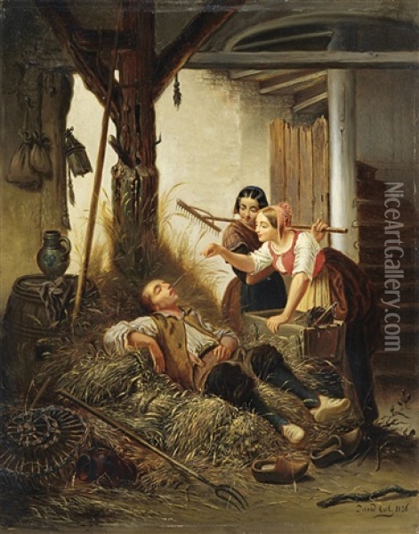 Schlafender Hirte Und Zwei Junge Magde Oil Painting - Jan David Col
