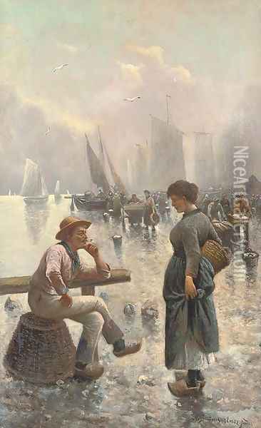 At the fish market Oil Painting - Adolf Baumgartner-Stoiloff