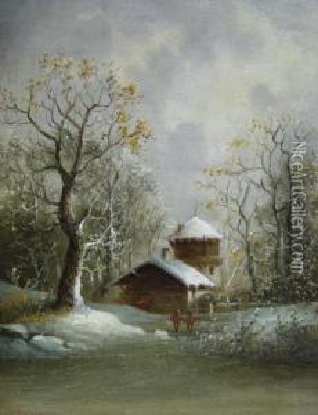C- Figures By A Frozen Pond With A Mill And Woodland Oil Painting - Anton Pick