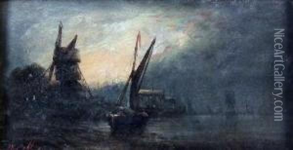 Estuary Scene At Night, 
Card 6ins X 11.5ins Oil Painting - William Pitt