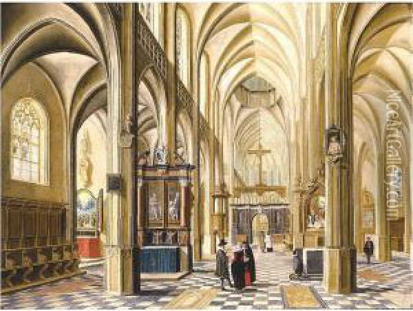 The Interior Of A Gothic Cathedral With Elegant Townsfolk Oil Painting - Bartholomeus Van Bassen