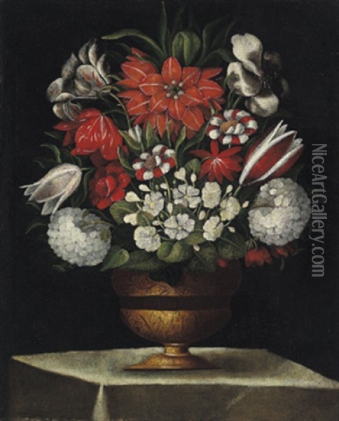 Blumenstrause In Verzierte Metallvase (+ Another, Similar; Pair) Oil Painting - Tommaso Salini