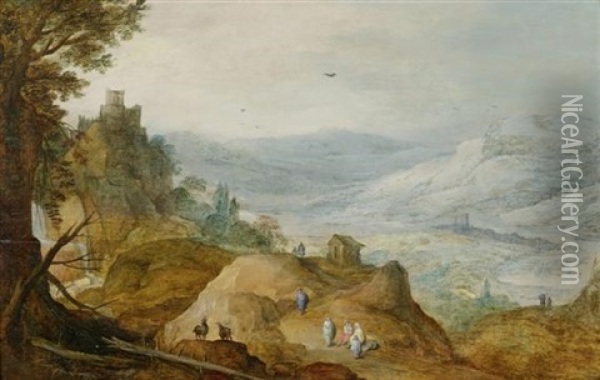 Berglandschaft Mit Zwei Ziegen Am Pass Oil Painting - Joos de Momper the Younger