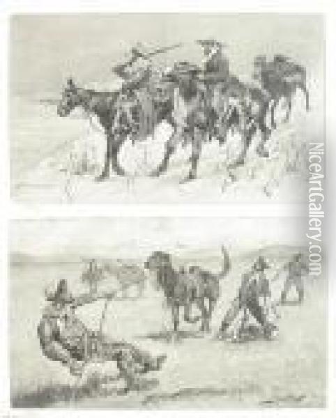 Thanksgiving Dinner For The Ranch; Teaching A Mustang Pony To Pack Dead Game Oil Painting - Frederic Remington
