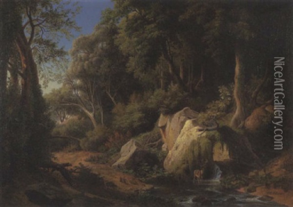 Hirsch Am Waldquell Oil Painting - Johann Wilhelm Schirmer