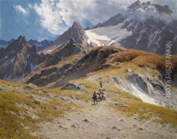 Auf Der Hochalm Im Hintergrund Schneebedecktes Gebirge Oil Painting - Georg Hermann Engelhardt