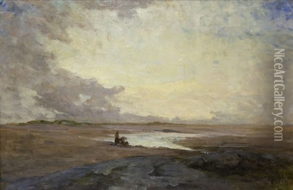Malahide Sands With Figures Oil Painting - Nathaniel, R.H.A. Hill