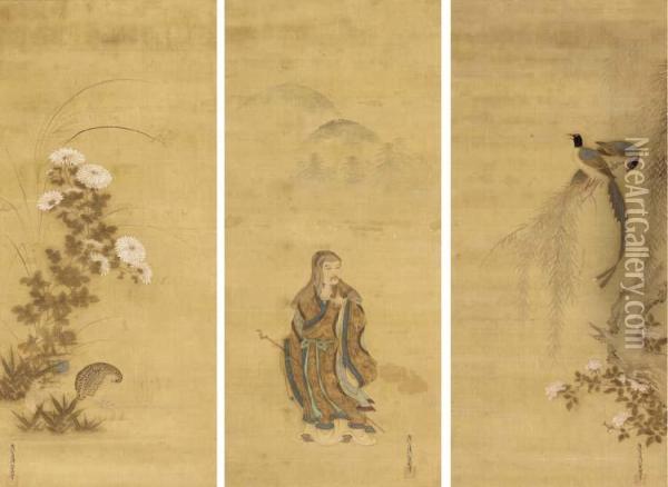 The Chinese Poet Tao Yuan-ming (to No Enmei); Long-tailed Birds Onwillow; Quails And Chrysanthemums Oil Painting - Tosa Mitsuoki