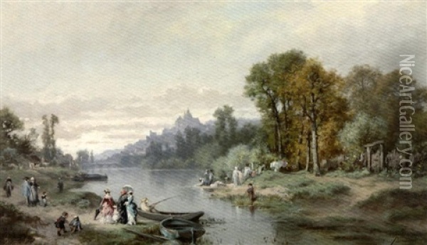 La Promenade Du Dimanche Sur Les Bords De L'yonne A Auxerre Oil Painting - Dominique-Adolphe Grenet de Joigny