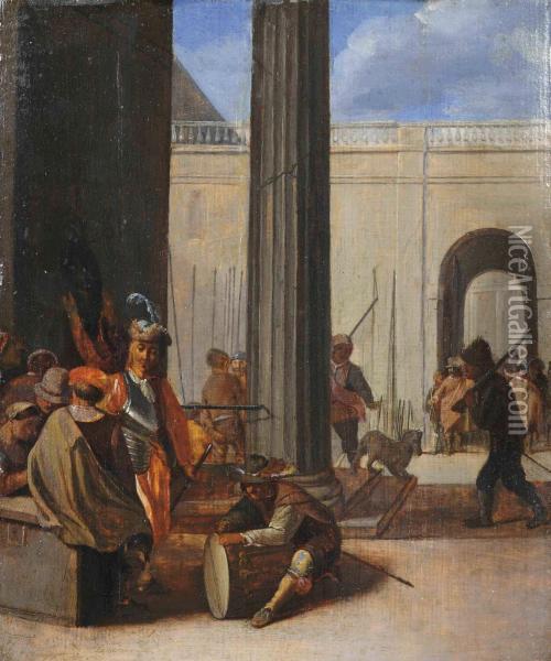 A 'kortegaardje': Soldiers Conversing Amongst Classical Buildings Oil Painting - Willem De Poorter