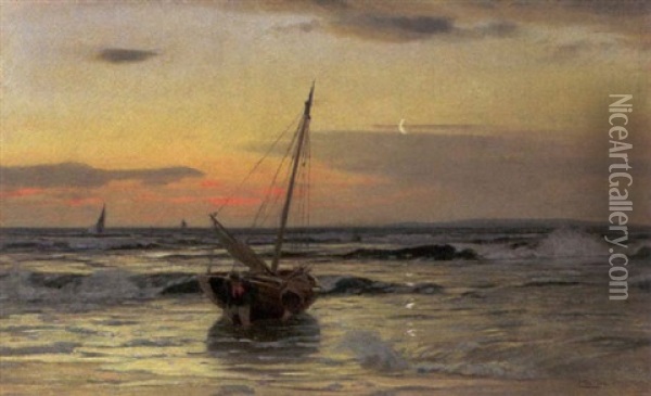 Ostseefischer Am Abendlichen Strand Oil Painting - Eugen Gustav Duecker