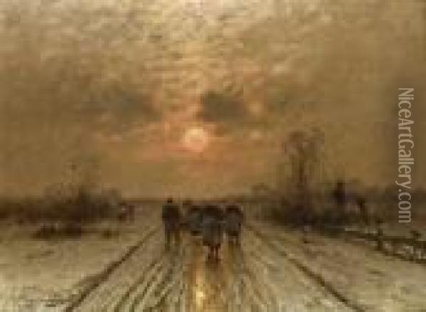 Winterlandschaft Im Abendlicht Mit Heimkehrenden Bauern. Oil Painting - Johann Jungblutt
