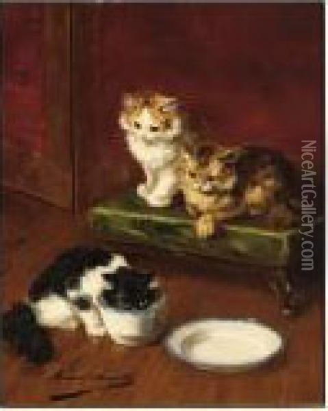 Kittens Drinking Milk Oil Painting - Alphonse de Neuville