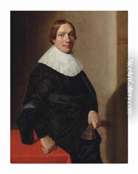 Portrait Of A Gentleman, Three-quarter-length, In A Black Doublet And Cloak, With A Ruff, His Right Hand Resting On A Table And A Glove In His Left Hand Oil Painting - Jan Daemen Cool