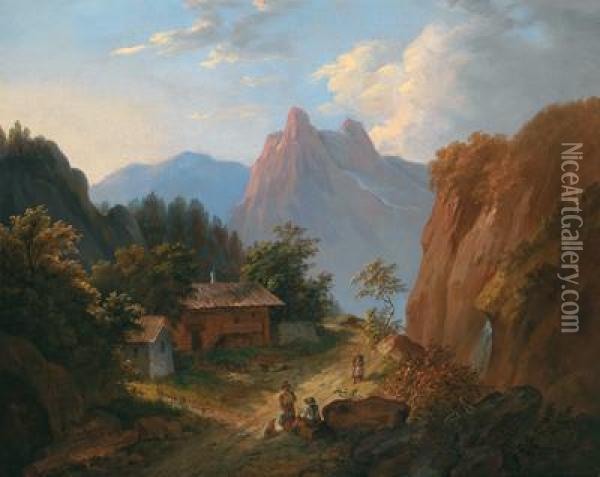 Mountain Landscape With Resting Hikers Oil Painting - Matthias Rudolf Toma