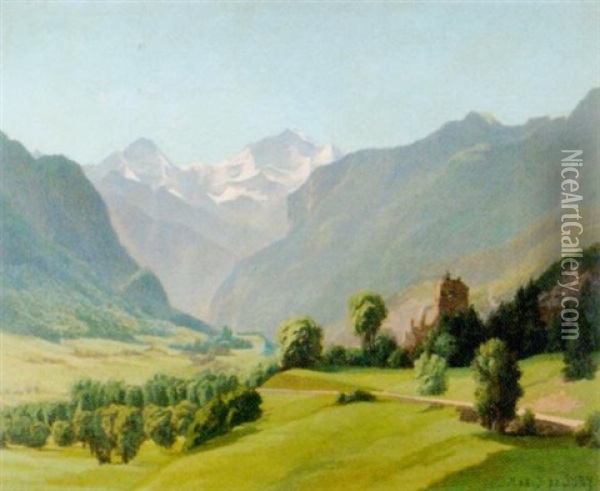 Burg Unspunnen Mit Monch Und Jungfrau Im Sonnenschein Oil Painting - Max Josef von Sury