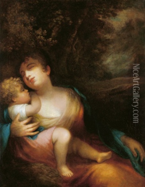 Mutter Mit Kind In Einer Landschaft Oil Painting - Thomas Barker