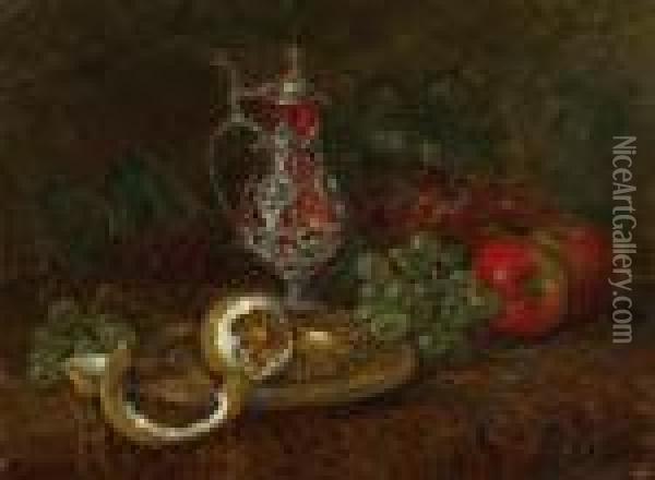 Still Life With Silver Pitcher And Fruit Oil Painting - August Laux