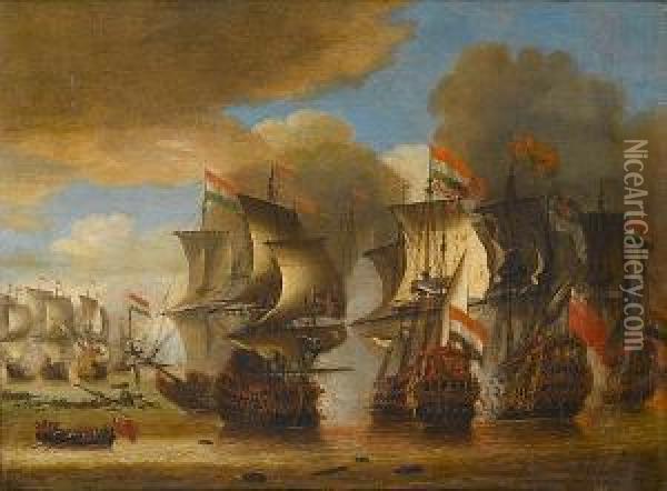 A Naval Battle Between Dutch And English Ships, Possibly The Battle Of Solebay Oil Painting - Isaac Sailmaker