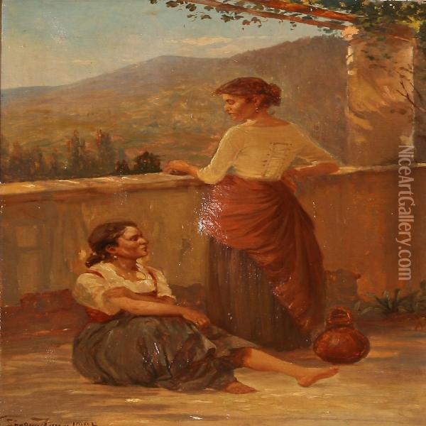 Two Italian Women At A Pergola Oil Painting - Olaf Simony Jensen