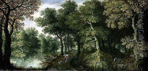 Wooded River Landscape with a Pedlar and Dog on a Track, 1624 Oil Painting - Maerten Ryckaert