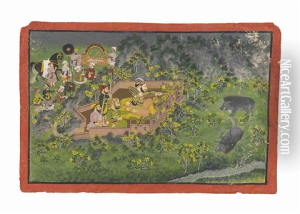 A Wild Boar Hunt Oil Painting -  Indian School-Mewar (18)
