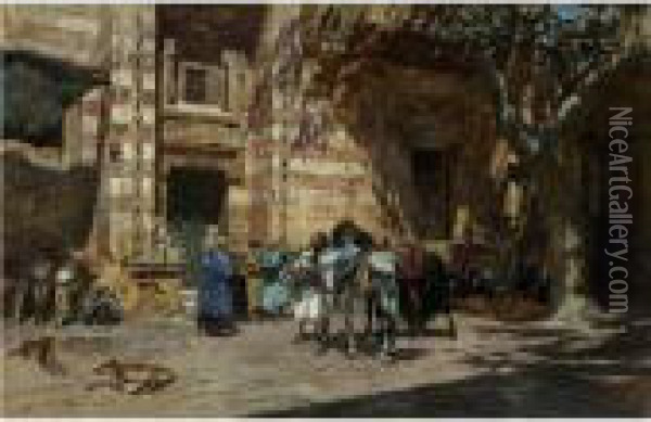 Halt At Tangiers Oil Painting - Frederick Arthur Bridgman