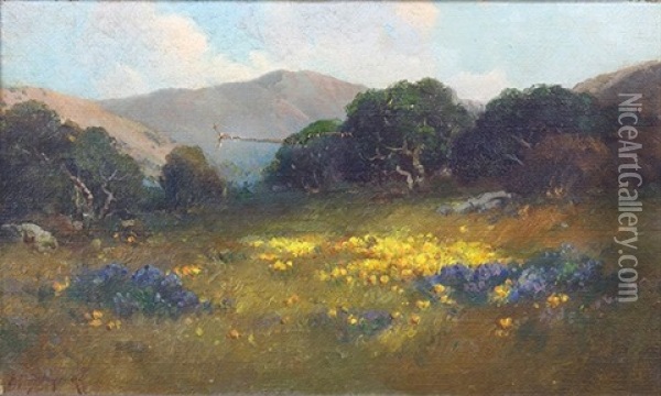 Wildflowers With Mountain Vista Oil Painting - Alexis Matthew Podchernikoff