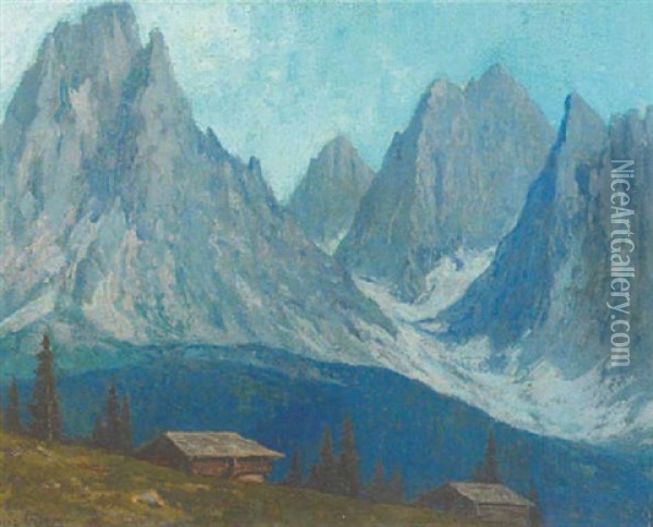 Langkofelgruppe Mit Hartlalm In Den Grodner Dolomiten Oil Painting - Franz Erler