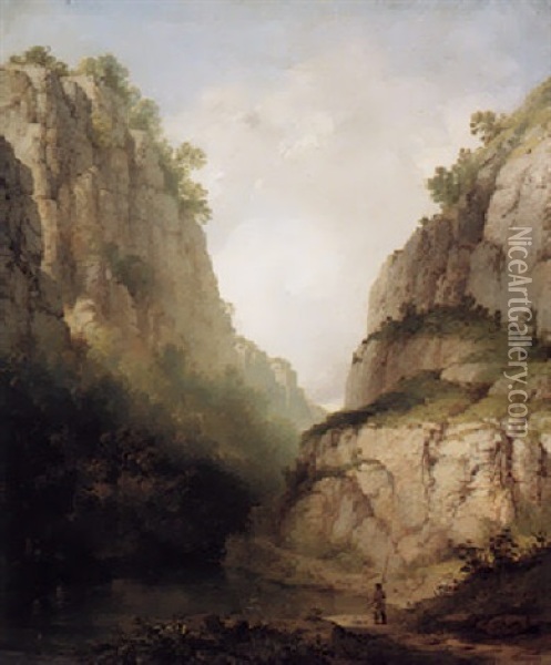 Landscape With A Fisherman At The Foot Of A Deep Gorge Oil Painting - Henry Dawson