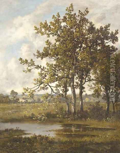 A Pool in a Wooded Landscape Oil Painting - Leon Richet