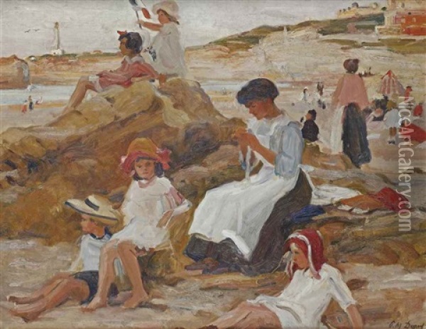 Children Playing On The Beach Of Biarritz Oil Painting - Paul Michel Dupuy