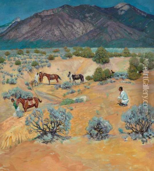 Taos Landscape With Indians Oil Painting - Walter Ufer