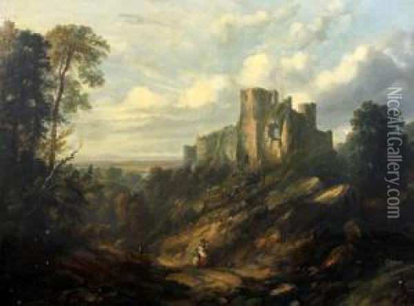 Extensive Landscape With Figures On An Uplandtrack Before A Ruined Castle Oil Painting - Sidney Edward Paget