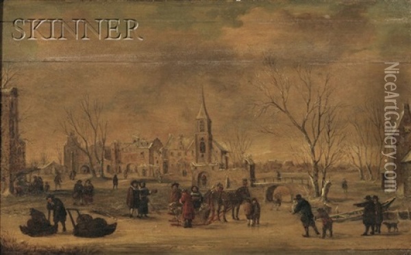 Winter Village With Skaters Oil Painting - Jan Abrahamsz. Beerstraten