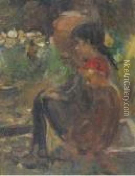 Bimba Seduta In Giardino Oil Painting - Cesare Ciani